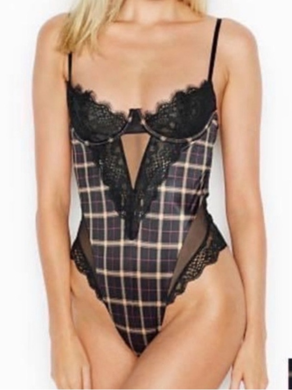 Victoria's Secret Wicked Plaid Lace Unlined Teddy Bodysuit - XS (EUC)